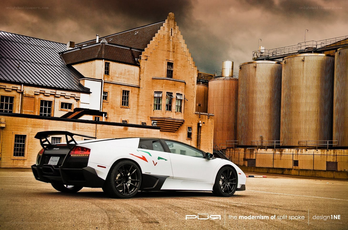 White Lamborghini in industrial setting