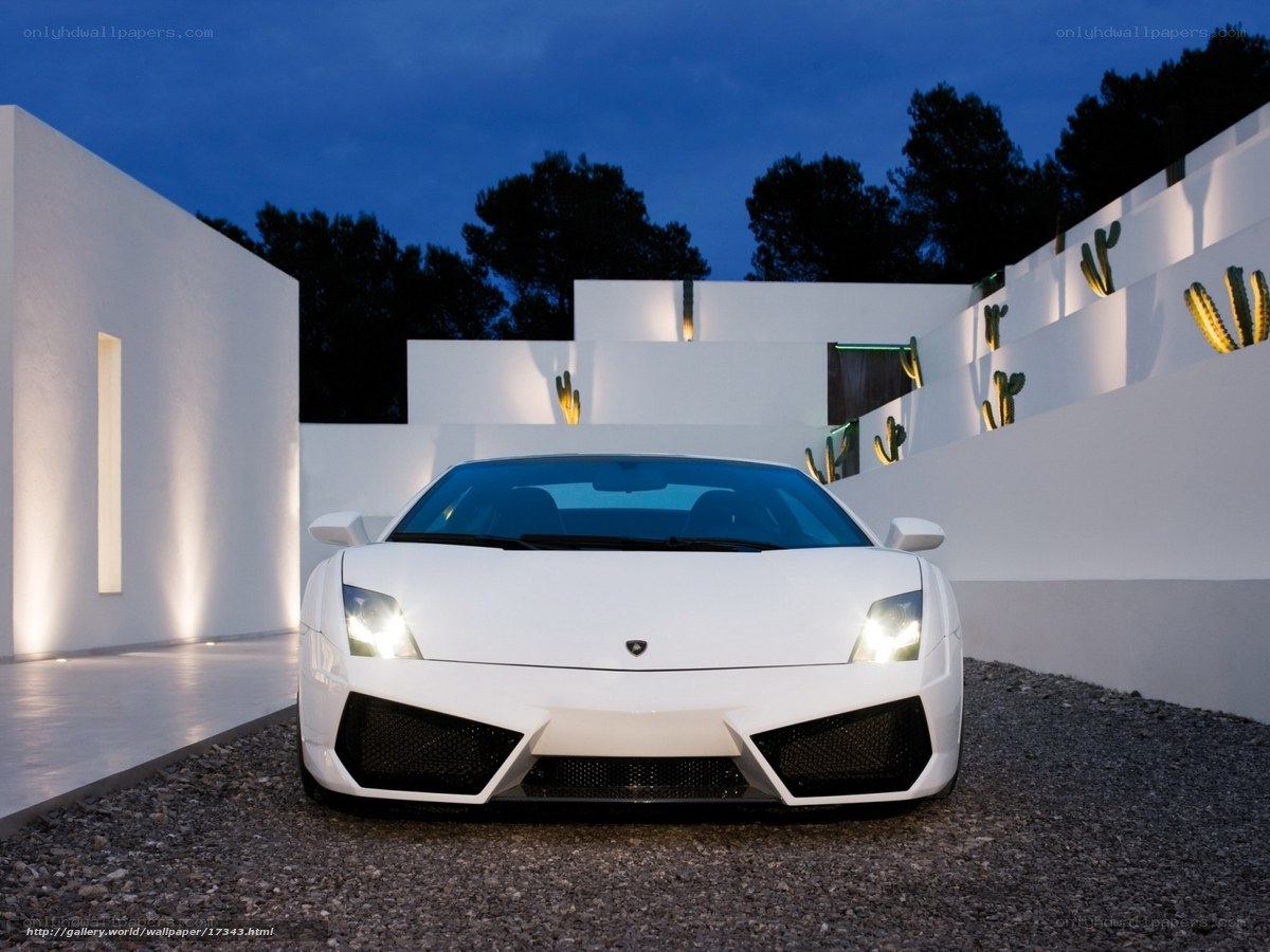 White Lamborghini in modern courtyard
