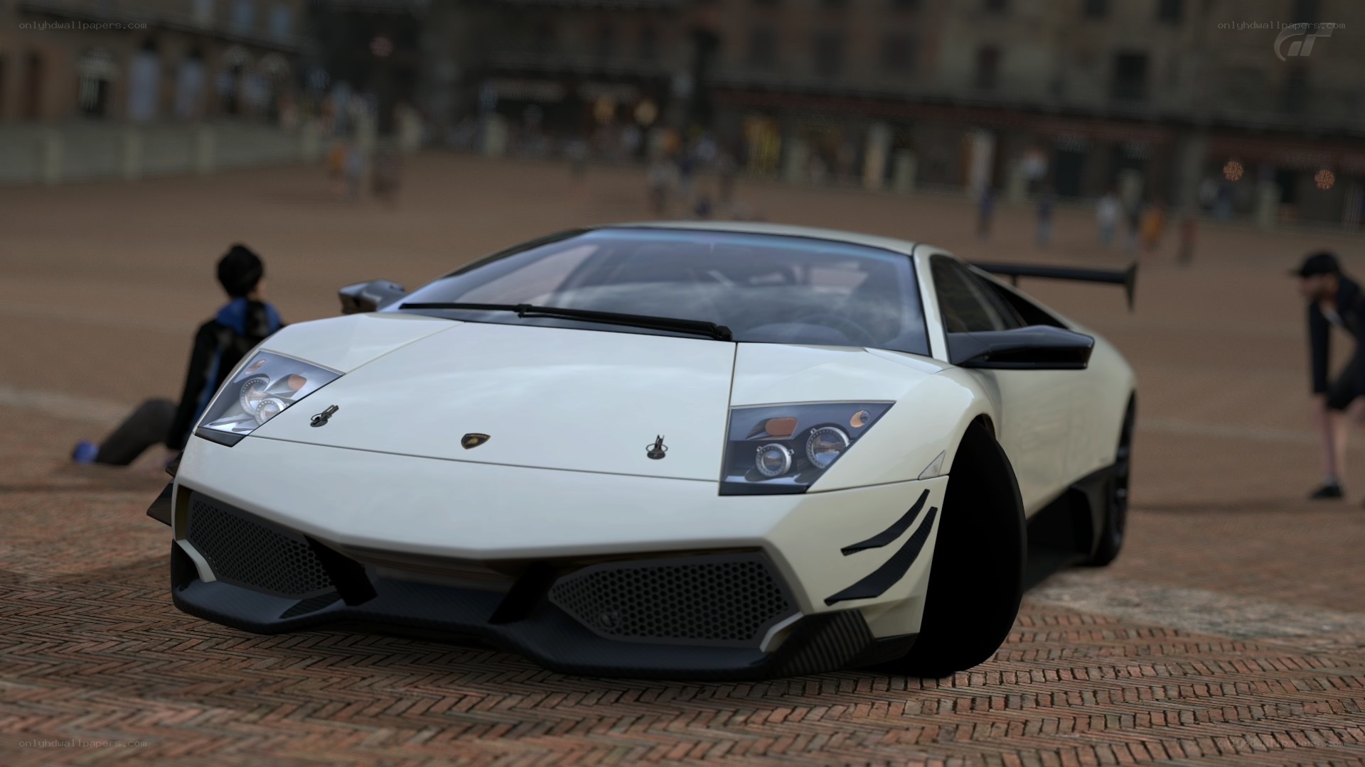 white lamborghini in plaza