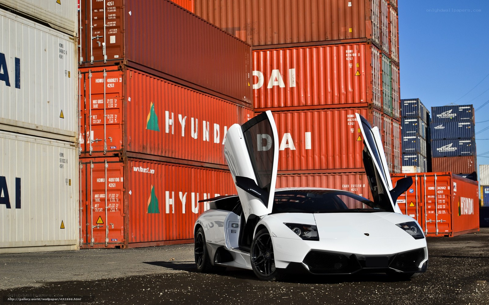 White Lamborghini in shipping yard