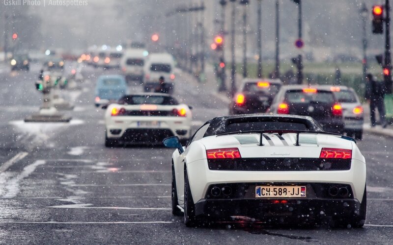 White Lamborghini in Snow — Cold, Busy