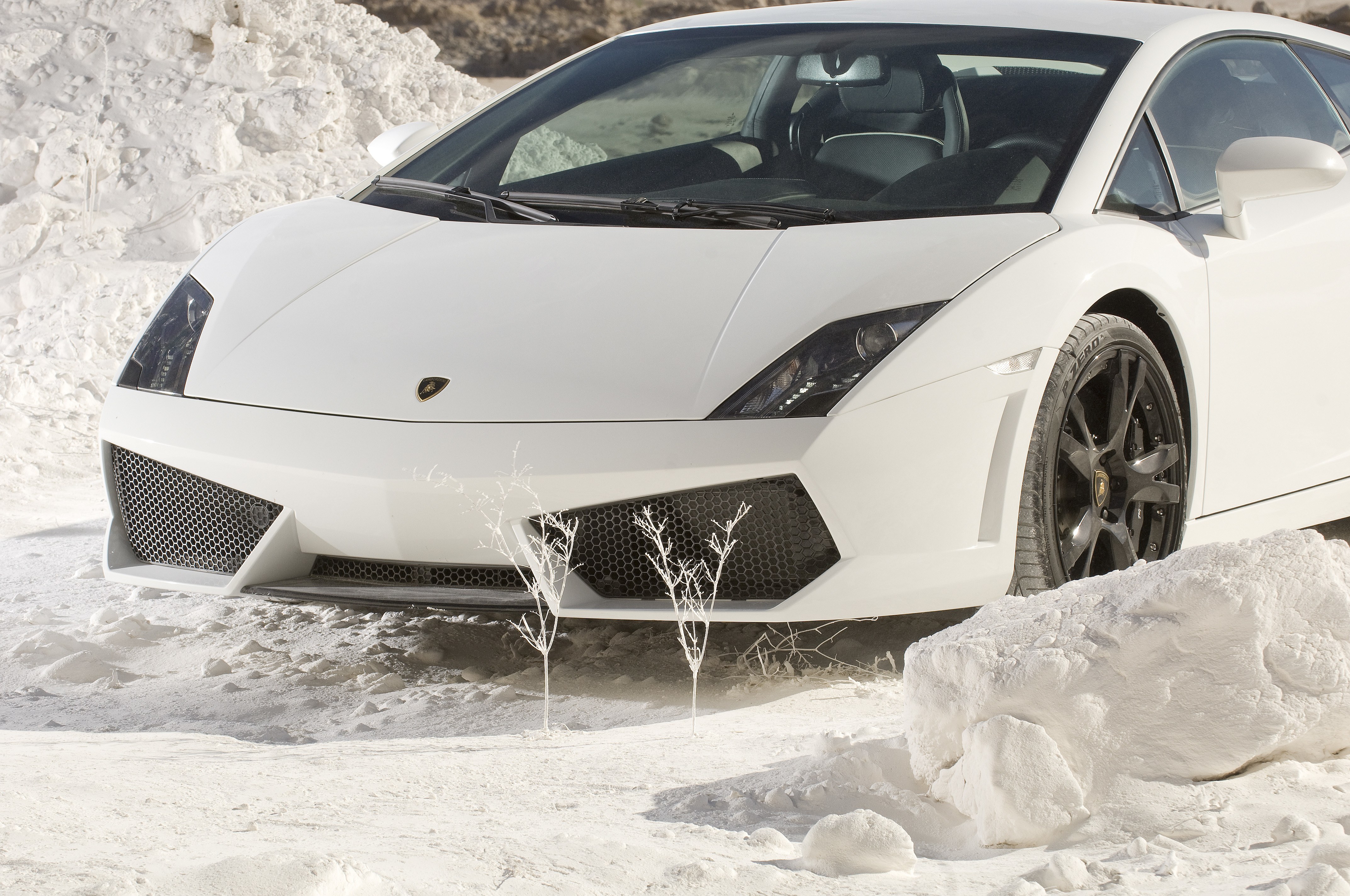 White Lamborghini in snow