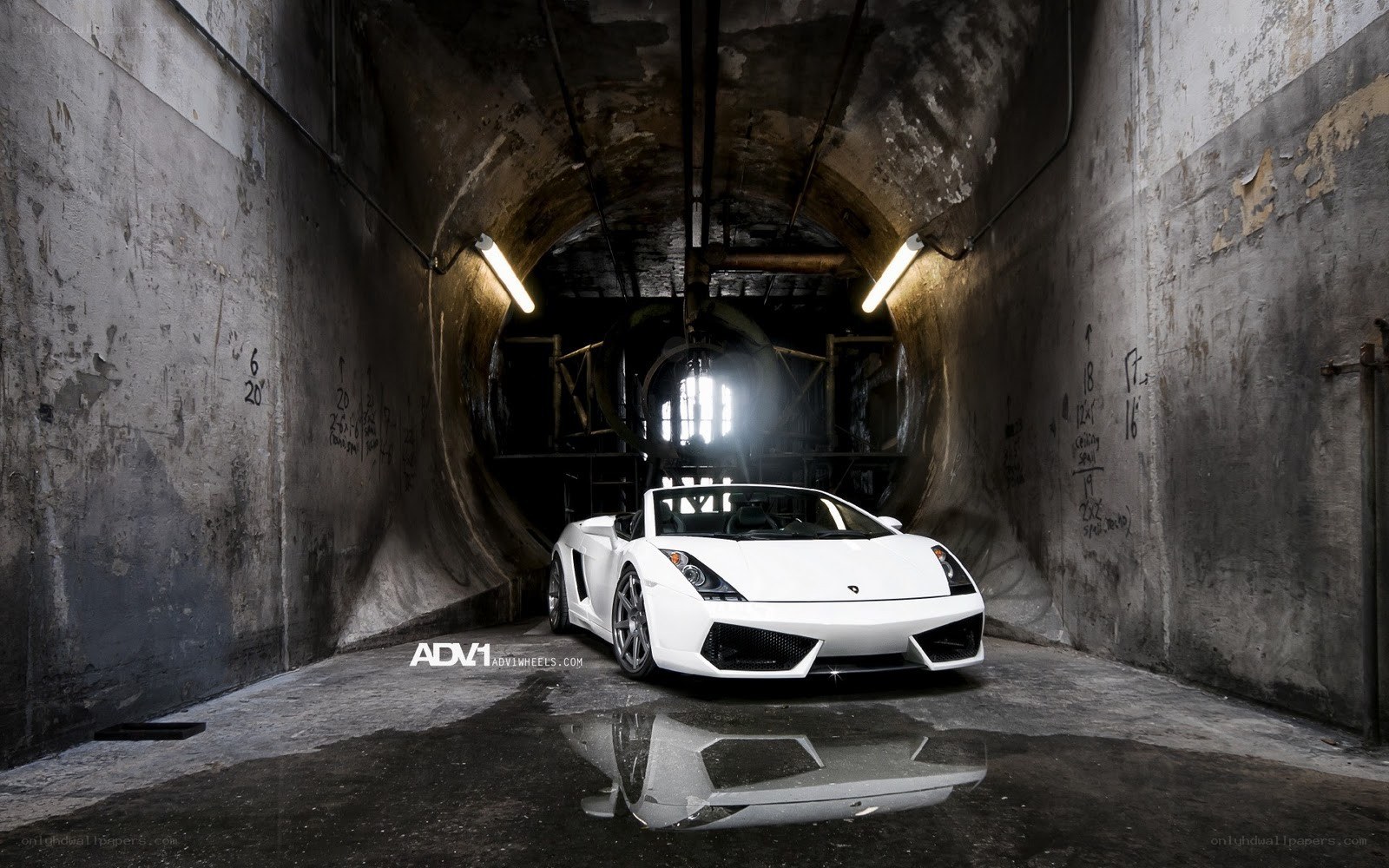 White Lamborghini in tunnel