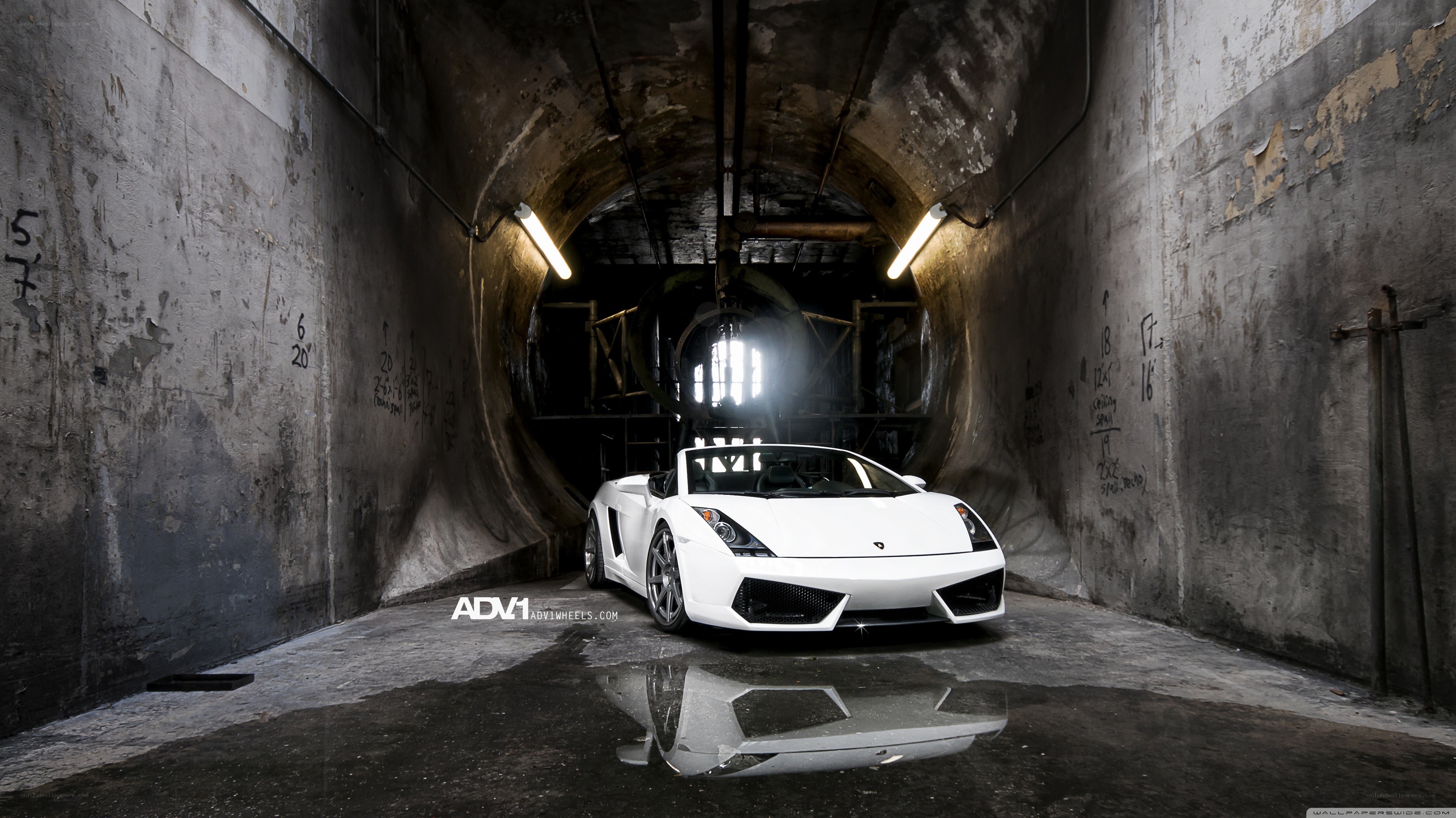 White Lamborghini in tunnel