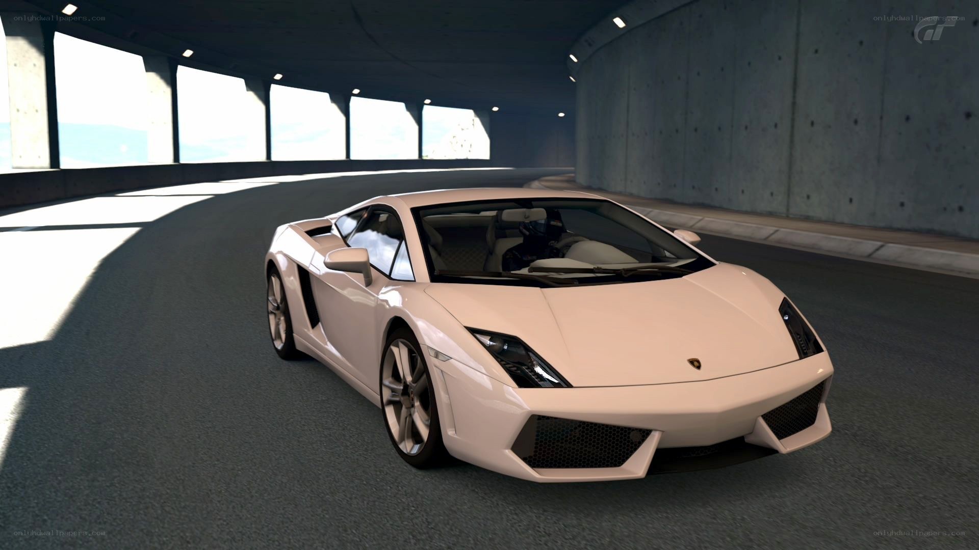 white lamborghini in tunnel