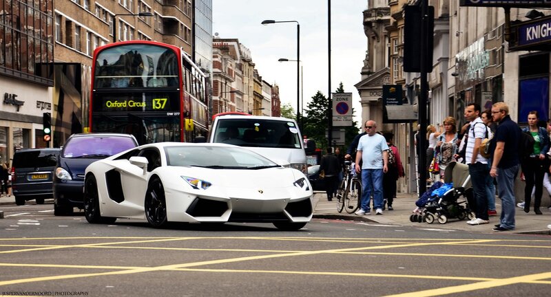 White Lamborghini on city street
