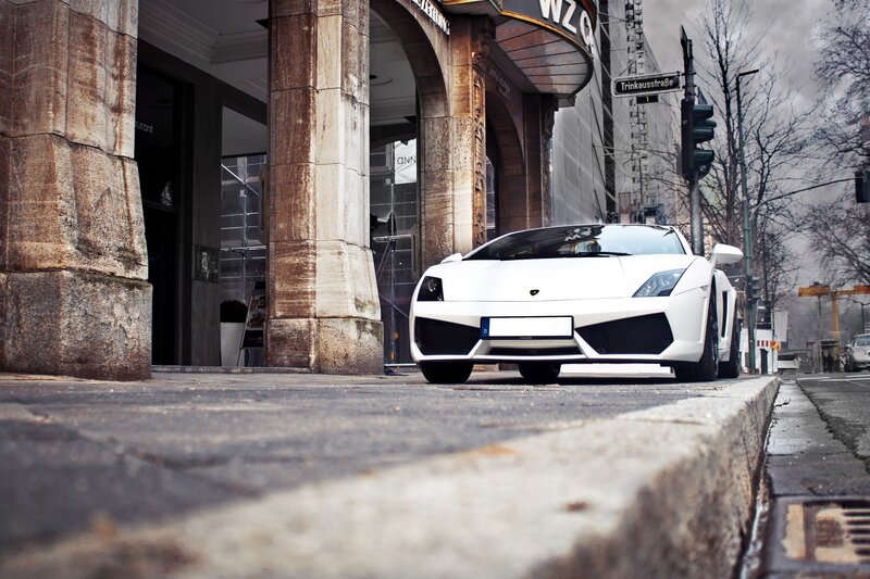 White Lamborghini on city street