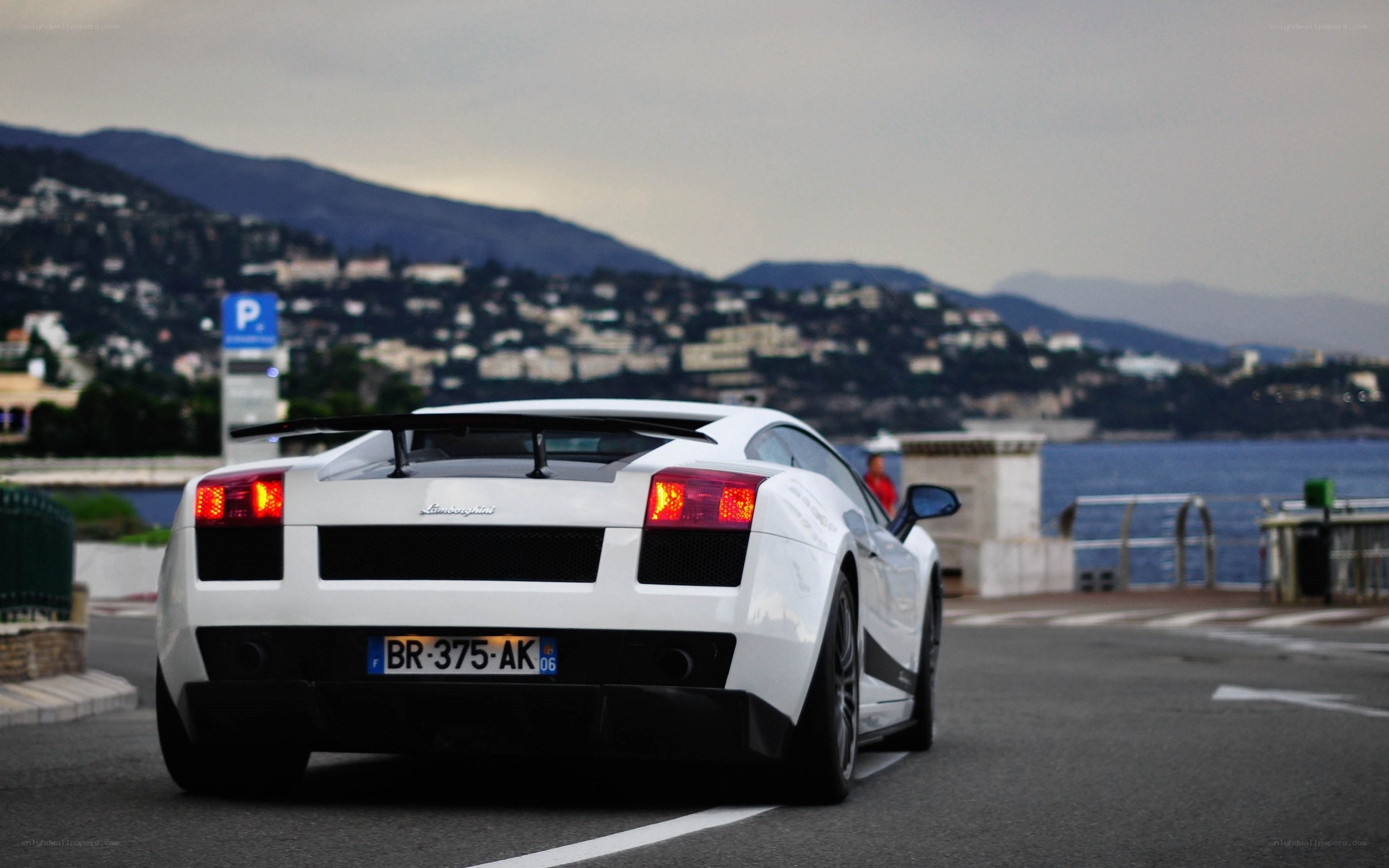 White Lamborghini on coastal road