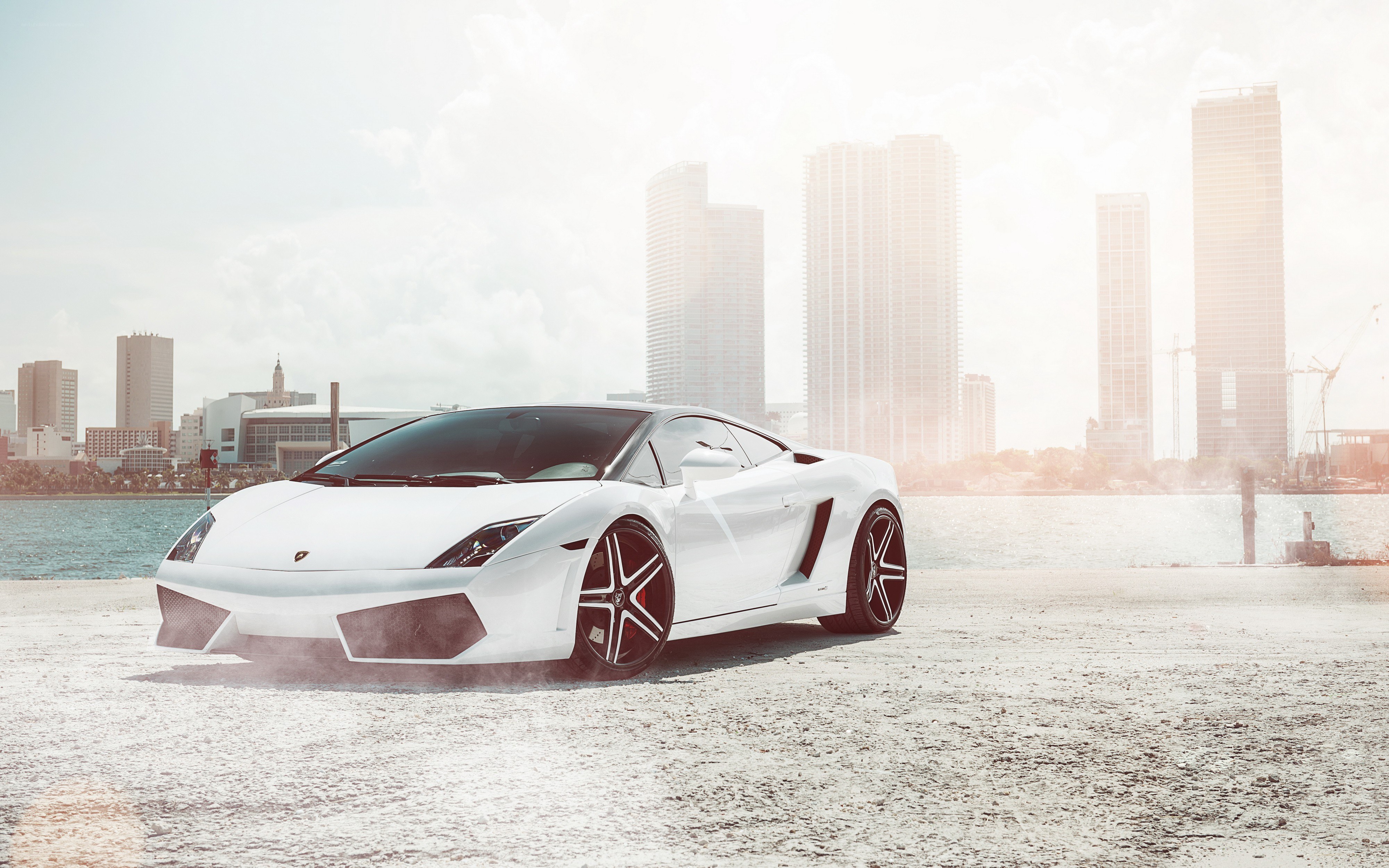 White Lamborghini on waterfront