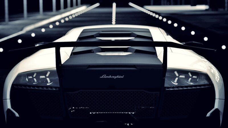 White Lamborghini Sports Car — Black, Dramatic, Night