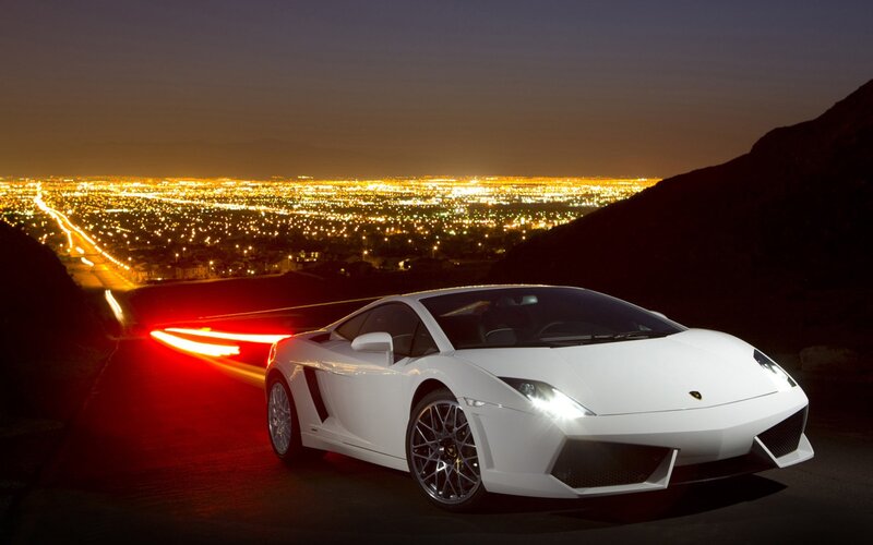 White Lamborghini Sports Car — Dramatic, Night, Photograph, City Lights