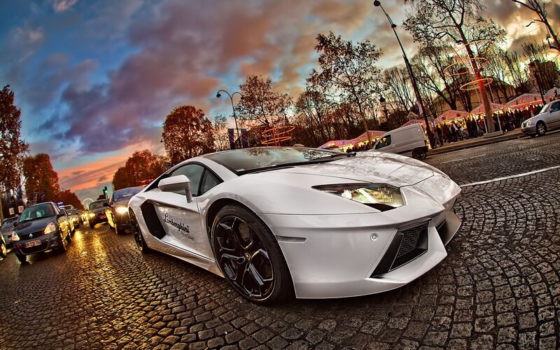 White Lamborghini Sports Car — Dramatic, Sunset