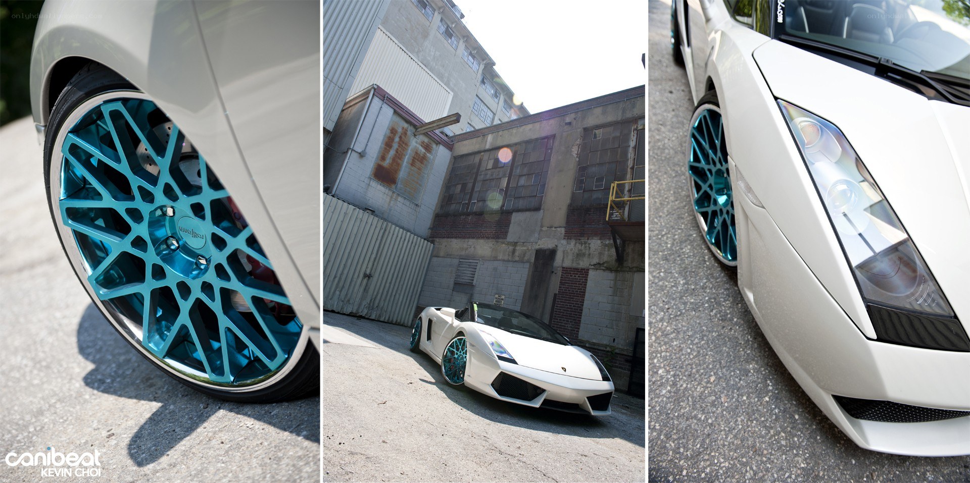 white lamborghini with blue wheels