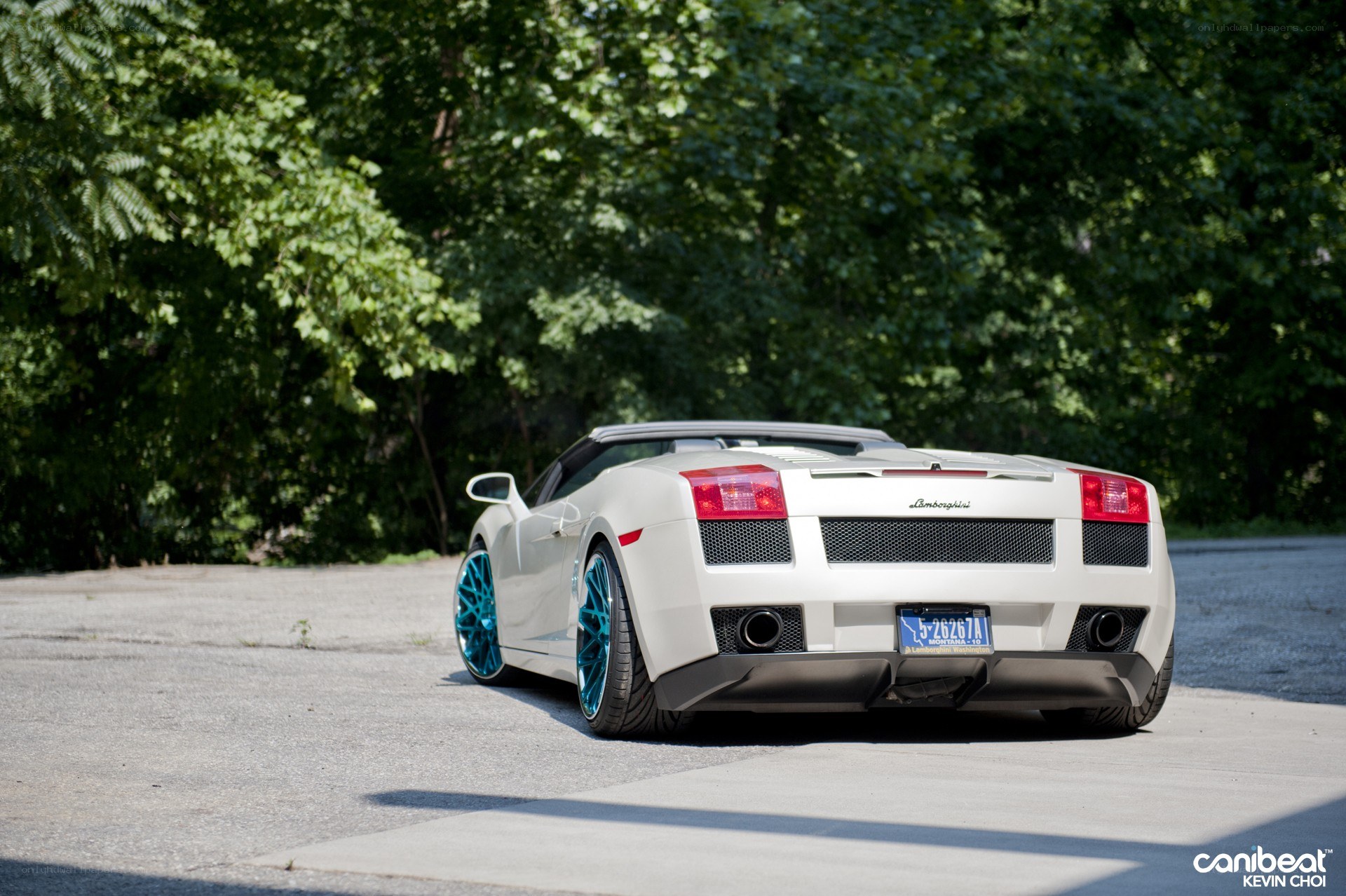 white lamborghini with blue wheels