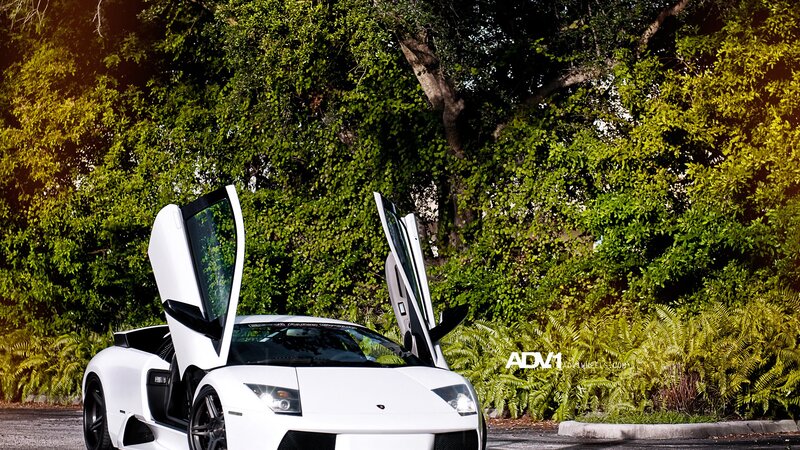 white lamborghini with doors open