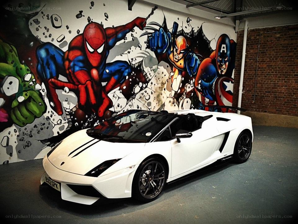 White Lamborghini with superhero mural