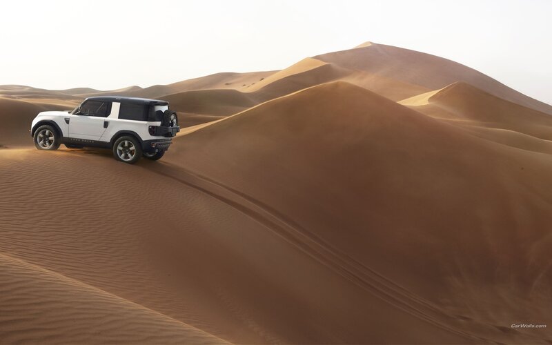 White Land Rover in Desert — Brown, Serene, Afternoon, Photograph