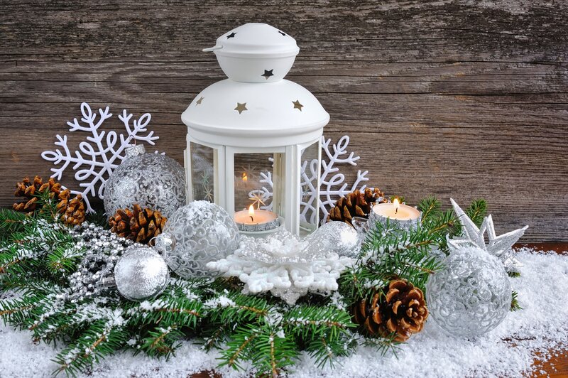 White Lantern with Ornaments — Festive