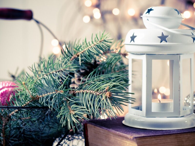 White Lantern with Pine Branches