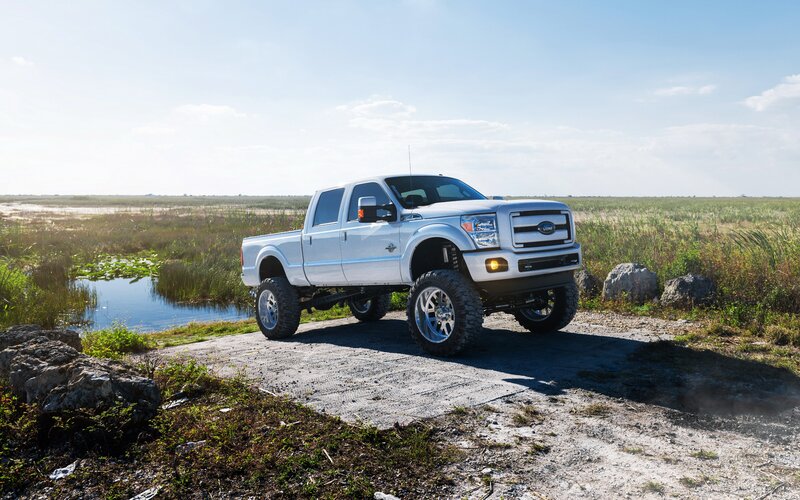 White lifted Ford truck in marsh