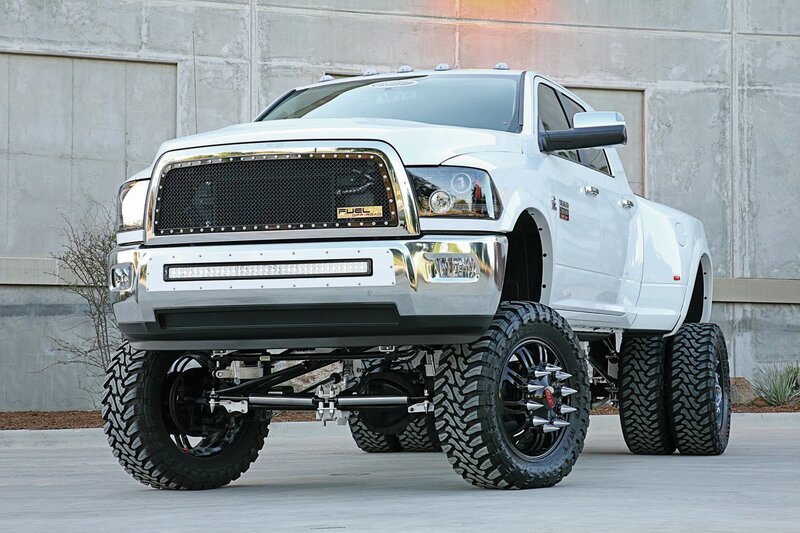 White Lifted Pickup Truck — Dramatic, Afternoon, Photograph, Concrete Wall