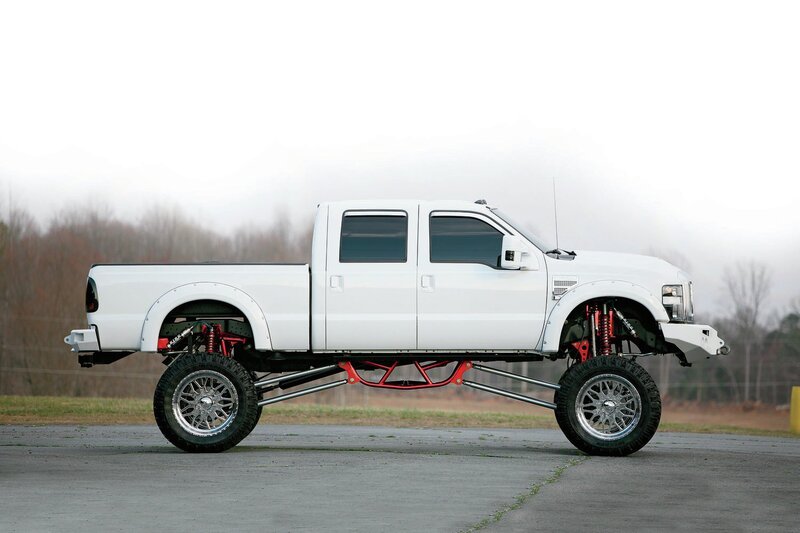 White Lifted Pickup Truck — Dramatic, Photograph, Tires