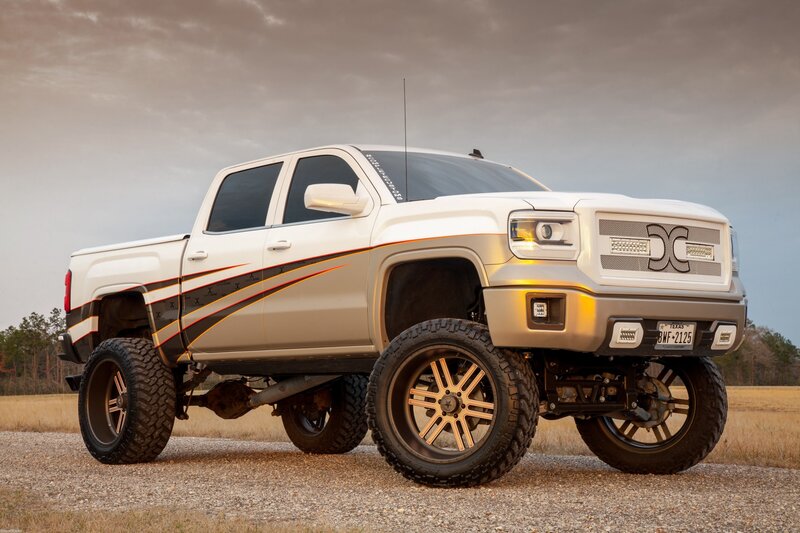 White Lifted Pickup Truck — Dramatic, Sunset, Photograph, Field