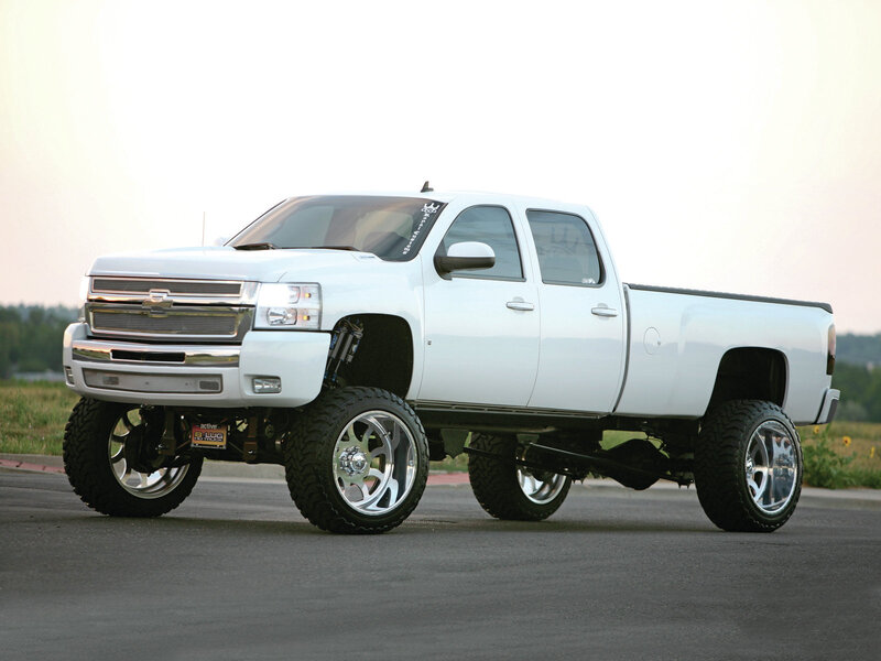 White Lifted Pickup Truck — Dramatic, Sunset, Photograph, Wheels