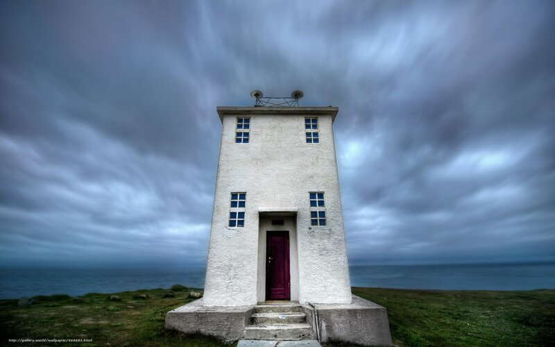 White Lighthouse on Cliff — Gray