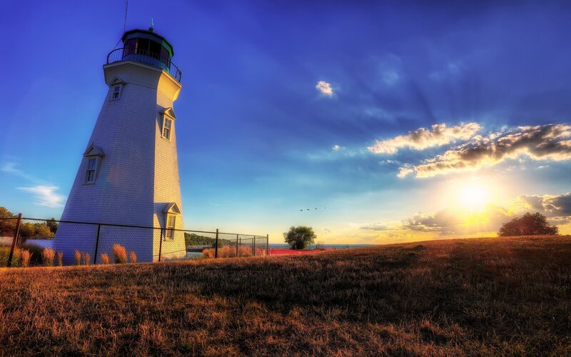 White Lighthouse on Hill — Blue, Dramatic
