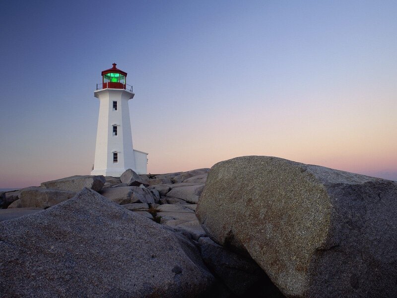 White Lighthouse on Rocks — Blue, Serene