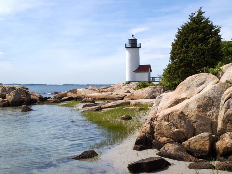 White Lighthouse on Rocks — Blue