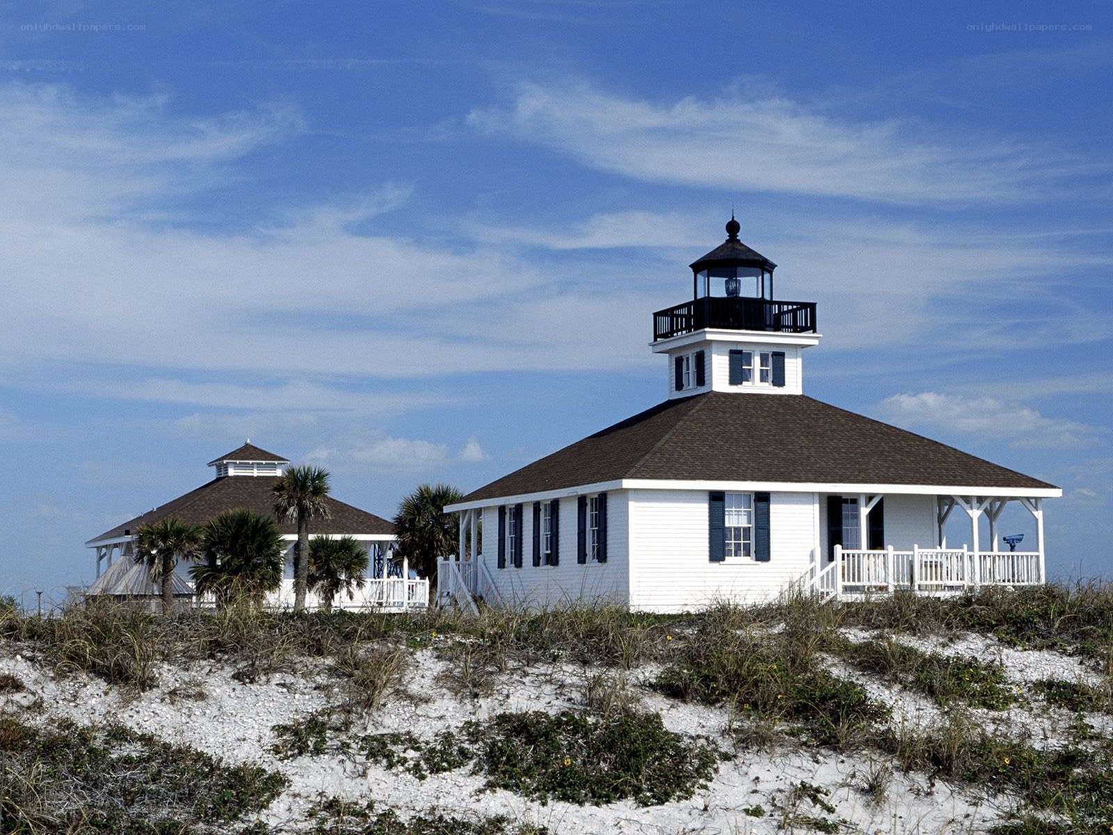 White lighthouse on sandy dune