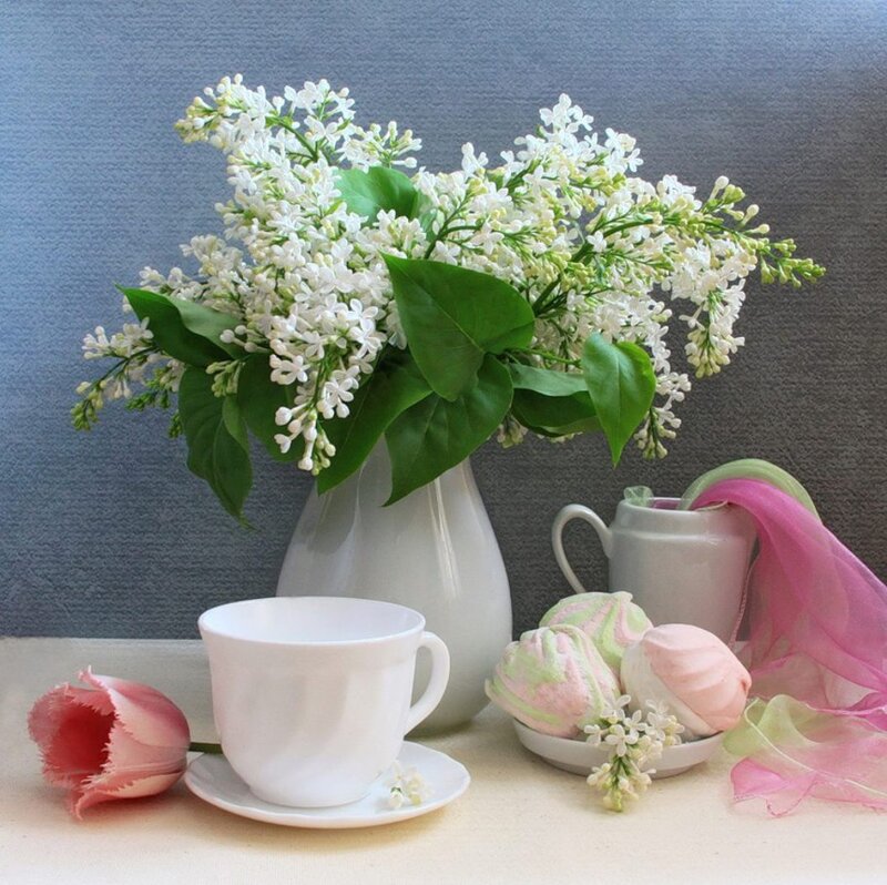White Lilac Bouquet — Serene, Spring, Photograph, Tea Cup