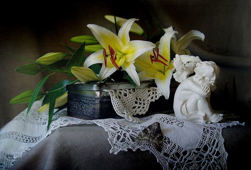 White Lilies and Angel Statue