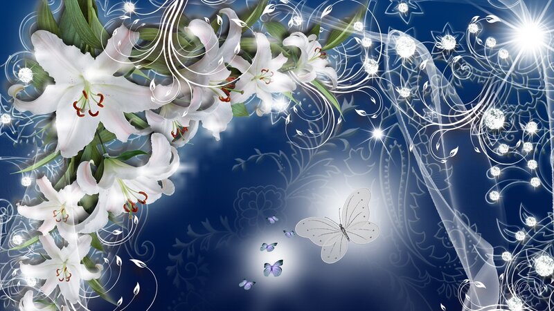 White Lilies and Butterflies — Blue