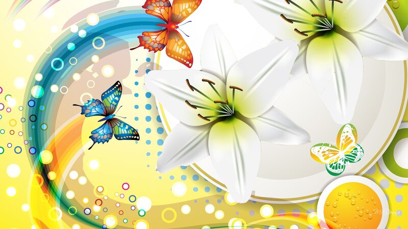 White Lilies and Butterflies — Yellow
