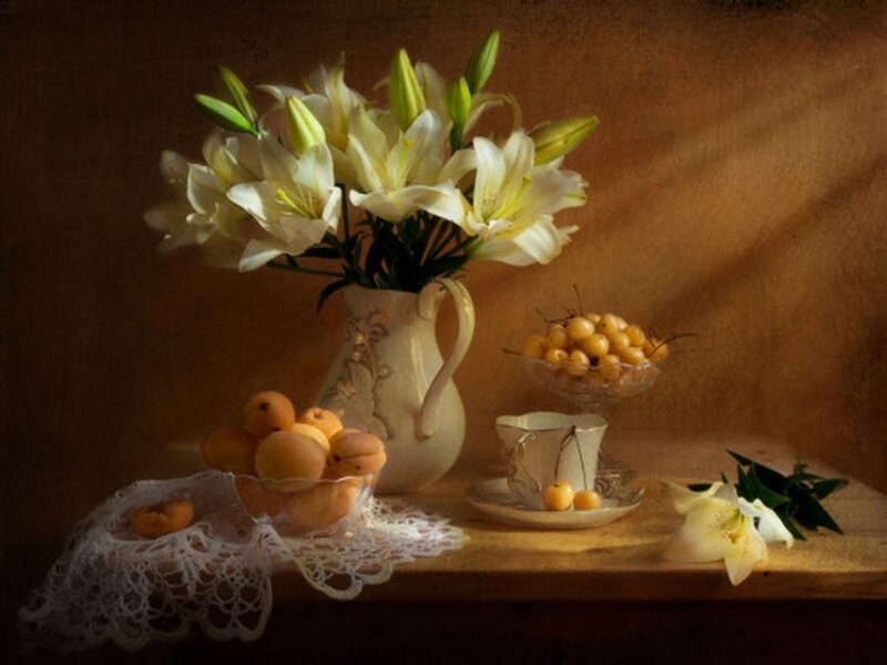 White Lilies and Fruit — Brown