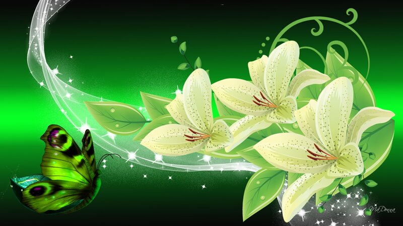 White Lilies and Green Butterfly