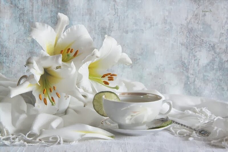White Lilies and Tea Cup — Serene, Photograph