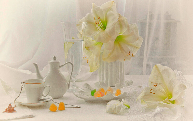 White Lilies and Tea Set — Serene, Morning