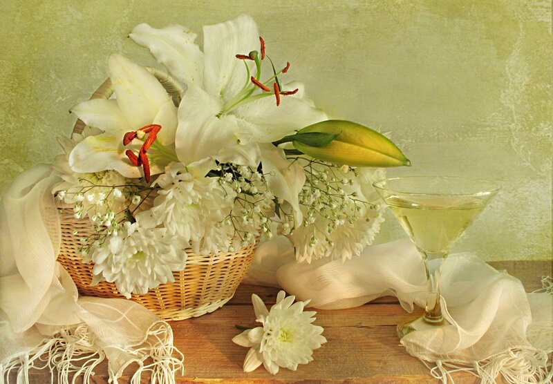 White Lilies in Basket — Serene