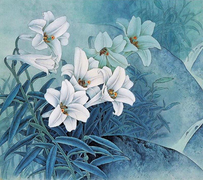 White Lilies in Bloom — Blue, Serene