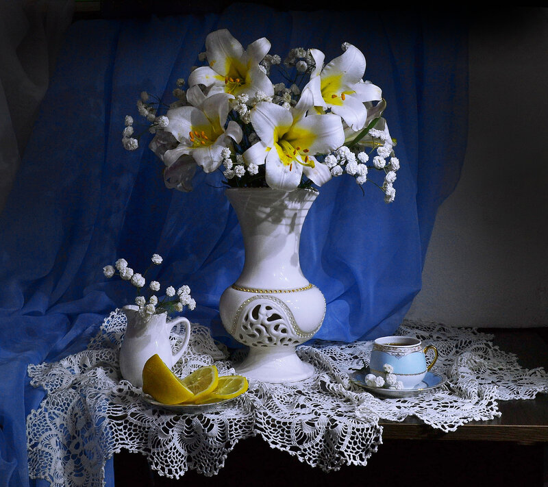 White Lilies in Vase — Blue, Dramatic