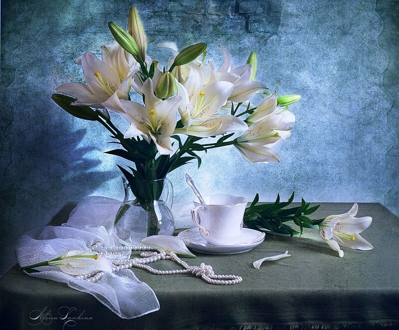 White Lilies in Vase — Blue