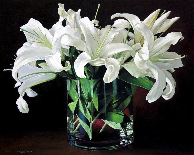 White Lilies in Vase — Dramatic, Painting