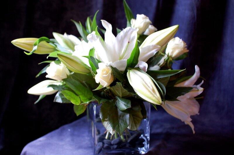 White Lilies in Vase — Dramatic, Photograph, Green Leaves