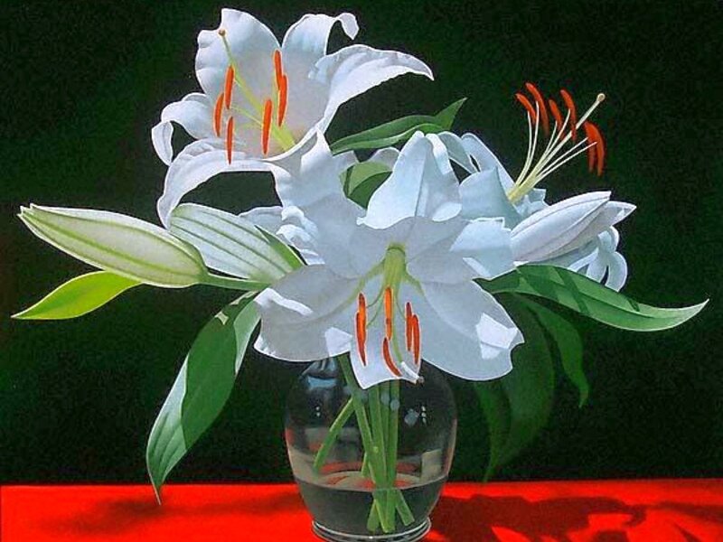 White Lilies in Vase — Serene, Painting, Leaves