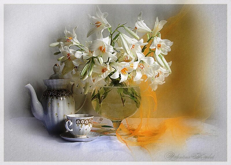 White Lilies in Vase — Serene, Painting