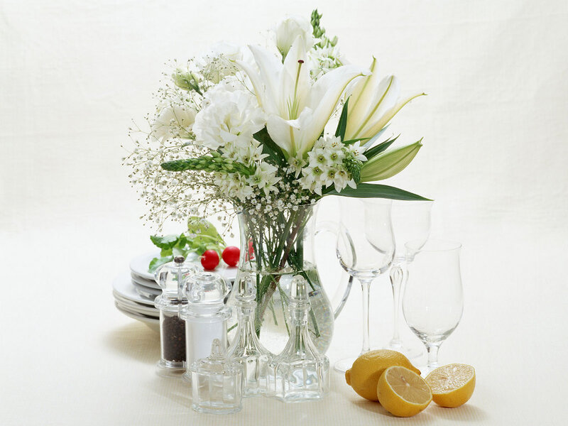 White Lilies in Vase — Serene, Photograph, Lemons, Wine Glasses